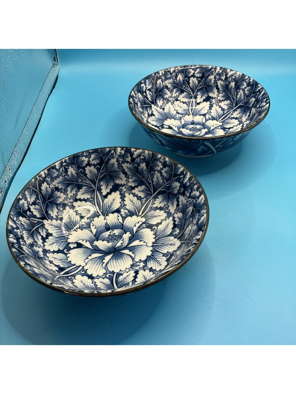 2 Blue & White Japanese Peony Serving Bowls EUC